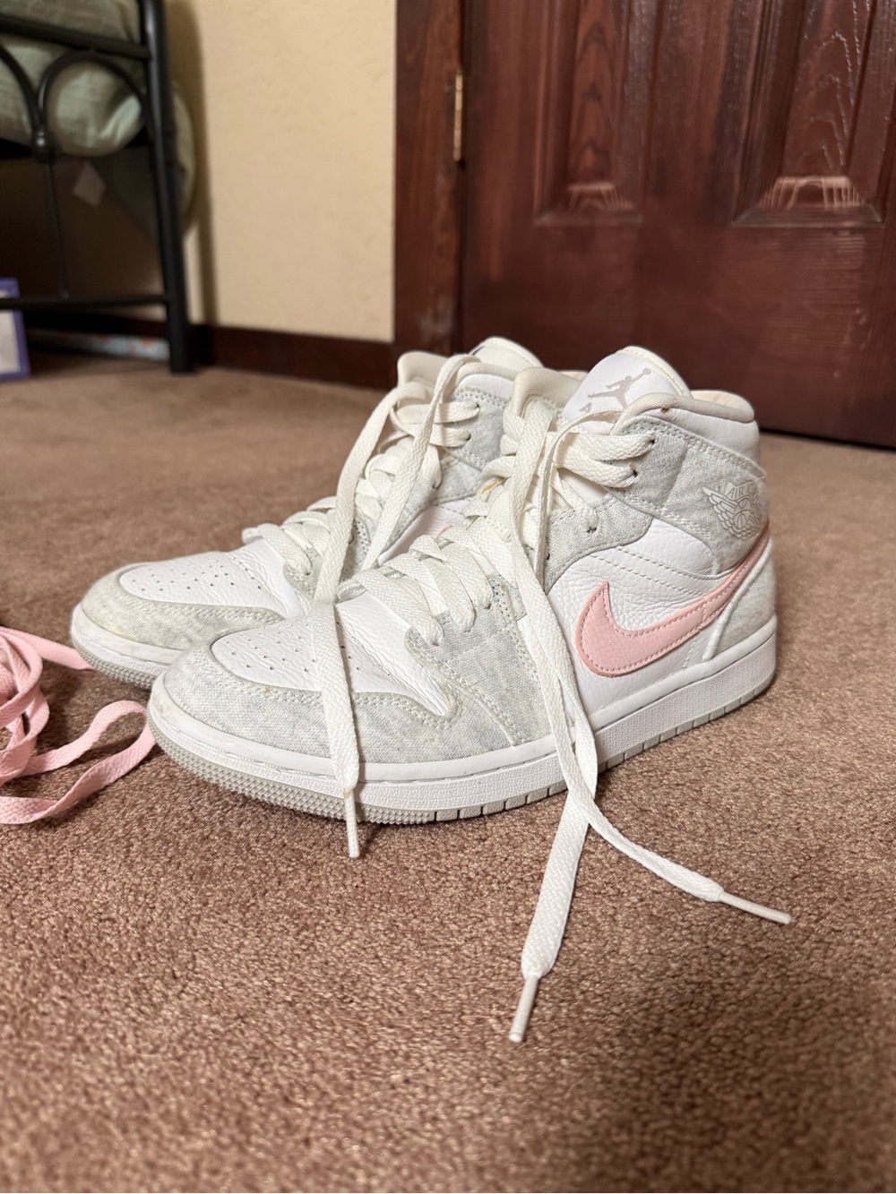 Women's High-Top Sneakers in White with Pink Swoosh